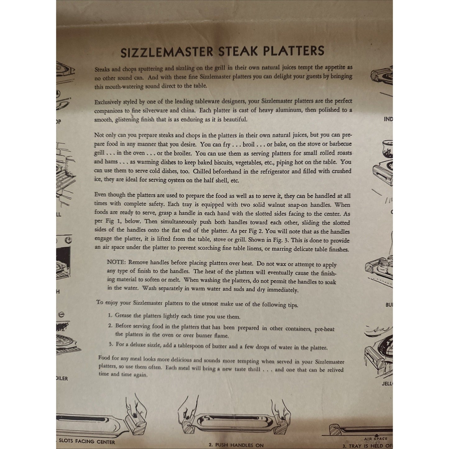 New Custom Craft Set of 2 Sizzlemaster Steak Platters w/ Walnut Handles