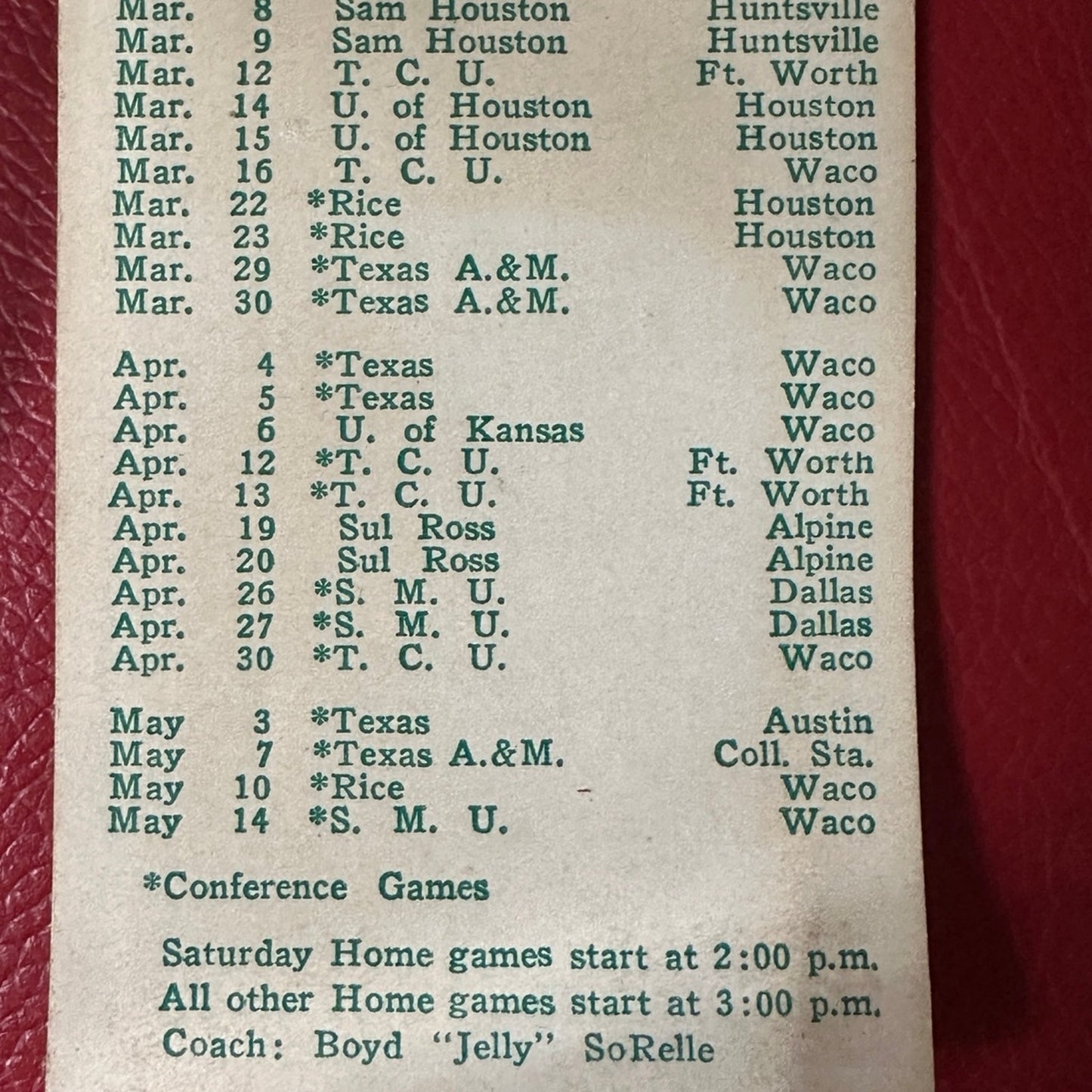 1957 Baylor Baseball & track Schedule card