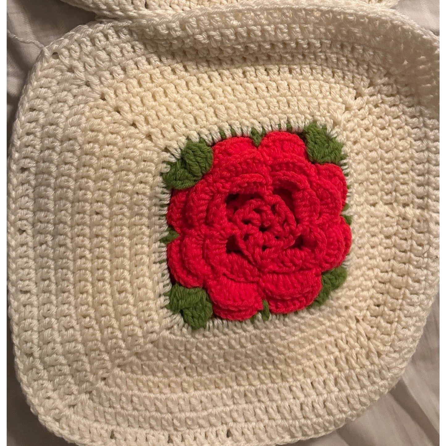 Vintage Crochet Throw Pillow COVER Handmade white green red roses 16” Set Of 2