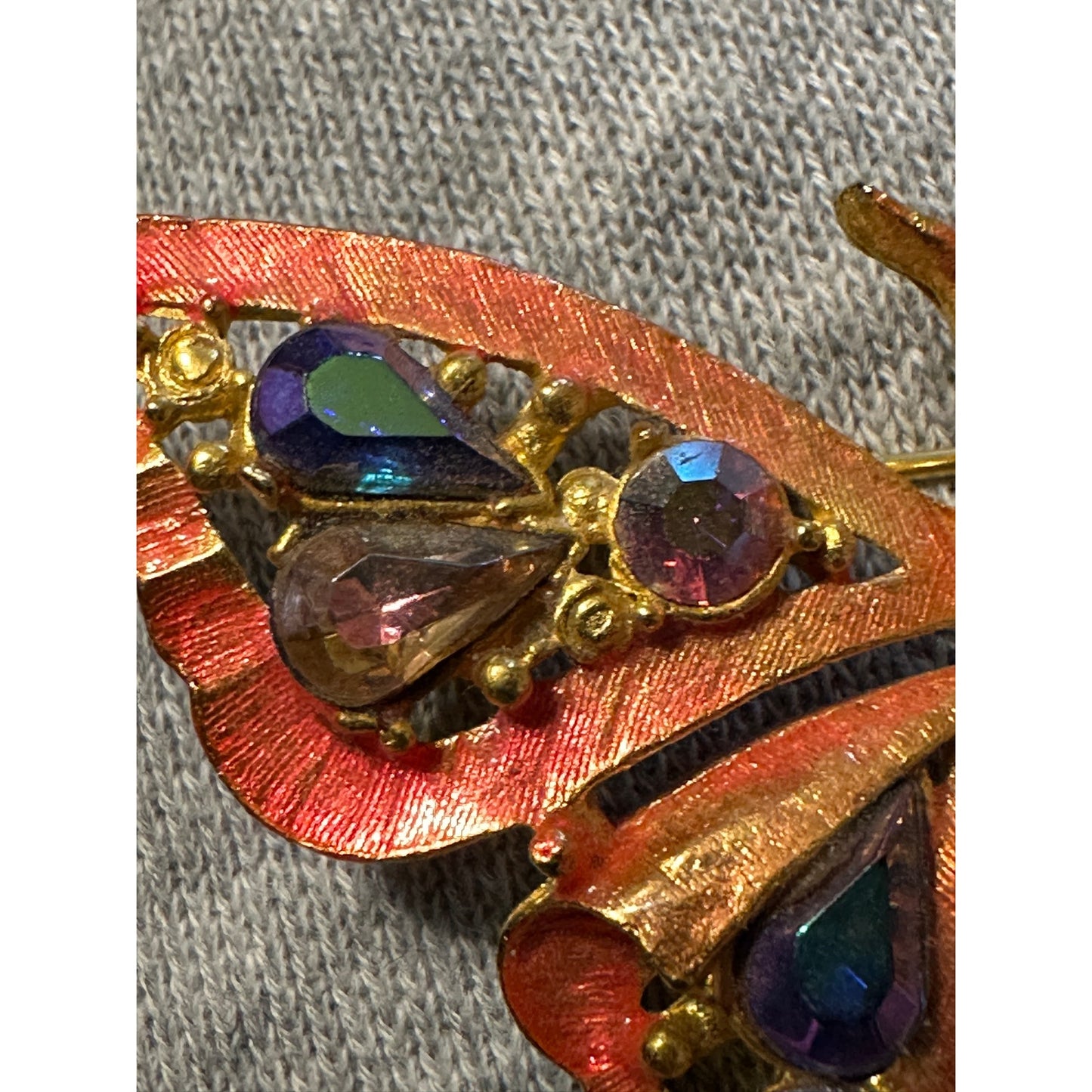 Vintage Metallic Gold Tone Butterfly with Aurora Borealis Rhinestones Brooch Pin