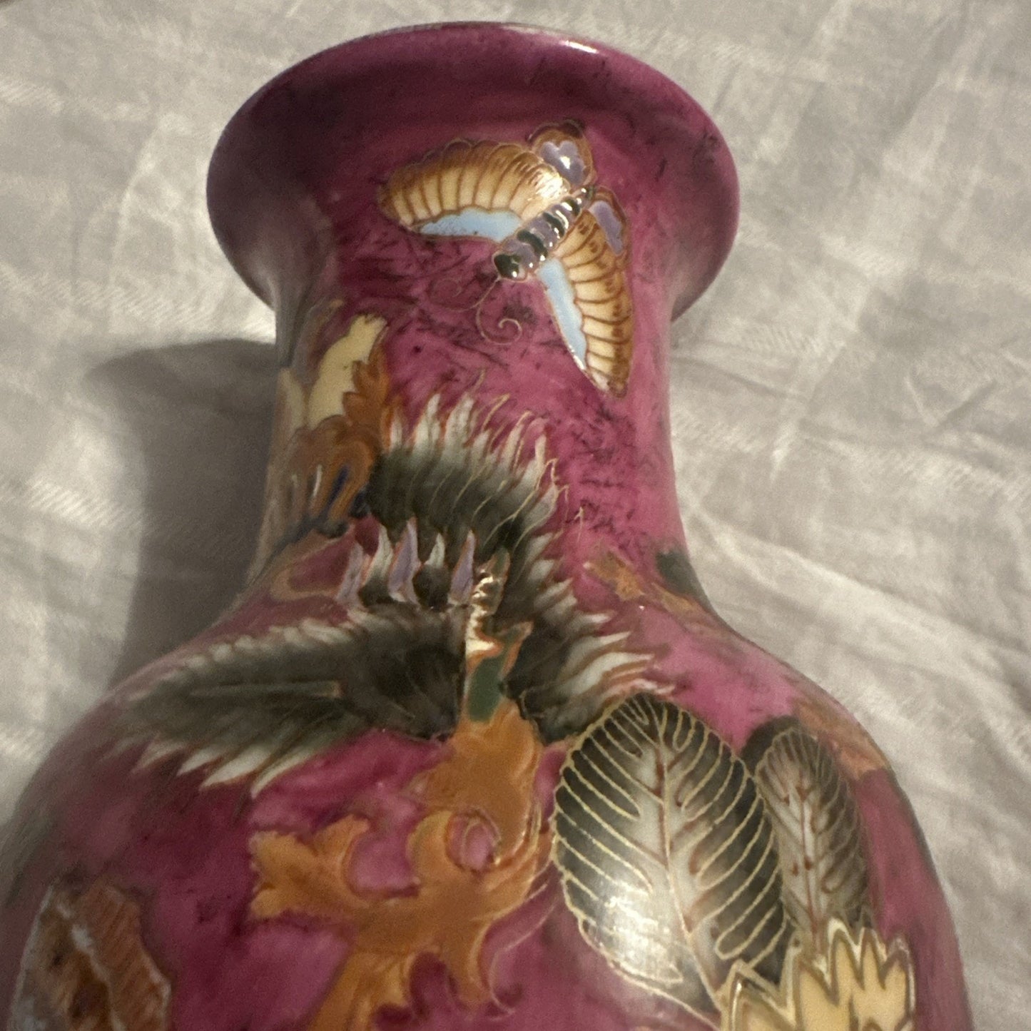 Vintage WBI Chinese Vase Porcelain Floral Design Blue Pink 12” Tall Gold Outline