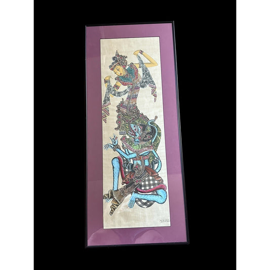Framed vintage Balinese painting on rice paper Signed DW MD Raka Batuan Bali