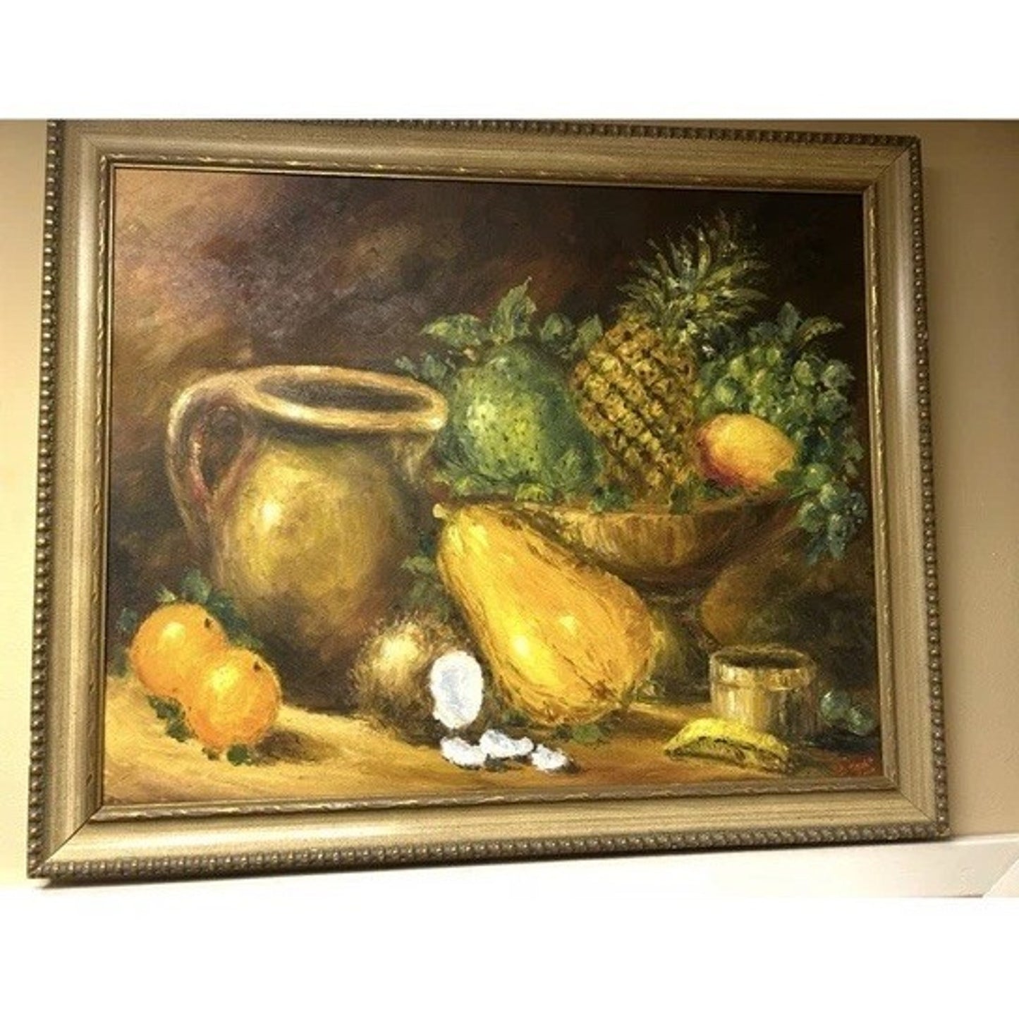 Vintage Fruit Still Life Painting Gold Wooden Frame Signed Rare 28x34