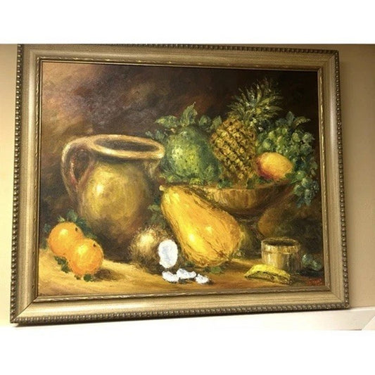 Vintage Fruit Still Life Painting Gold Wooden Frame Signed Rare 28x34