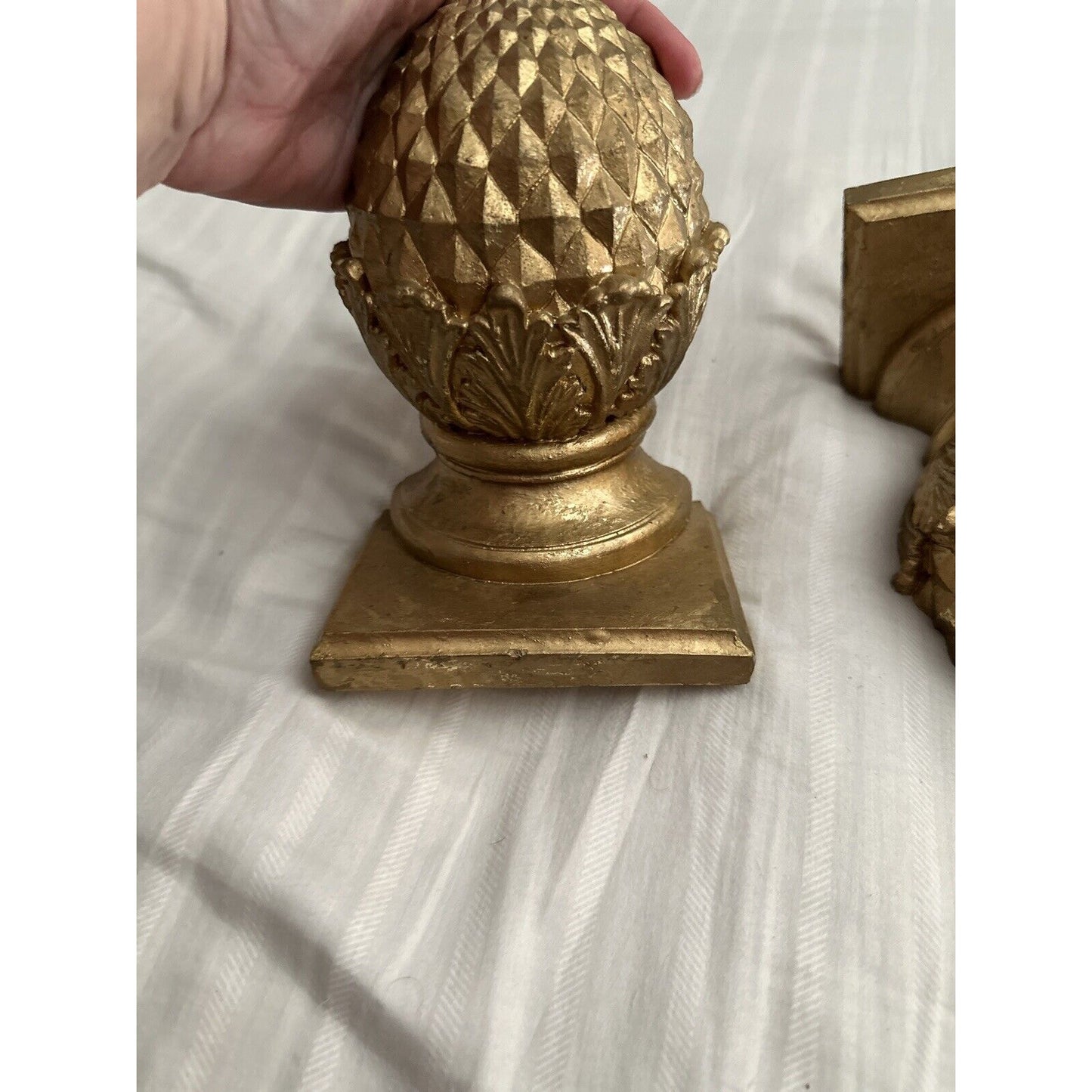 Gold Tone Pinecone Finial Nestled in Acanthus Leaves Bookends