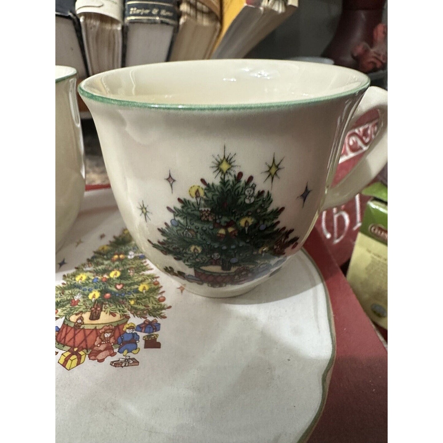 Happy Holidays Tea Cup and Saucer Christmas Tree Nikko White Japan Set of 2