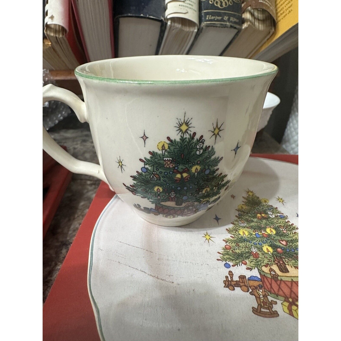 Happy Holidays Tea Cup and Saucer Christmas Tree Nikko White Japan Set of 2