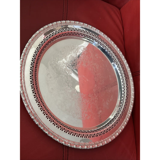 WM Rogers 1770 Round Etched Scrolls Silverplate Tray