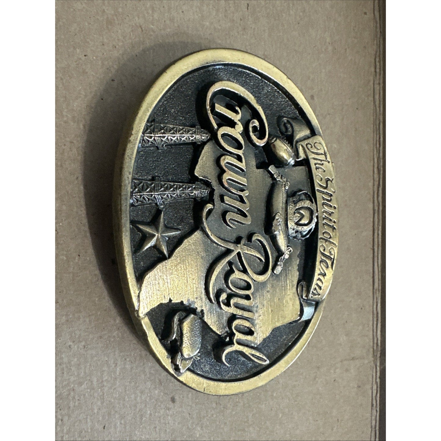 Vintage 70s Crown Royal 1889 The Spirit of Texas Belt Buckle.