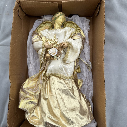 Ivory and Gold Angel Lighted Christmas Tree Topper Holding Harp