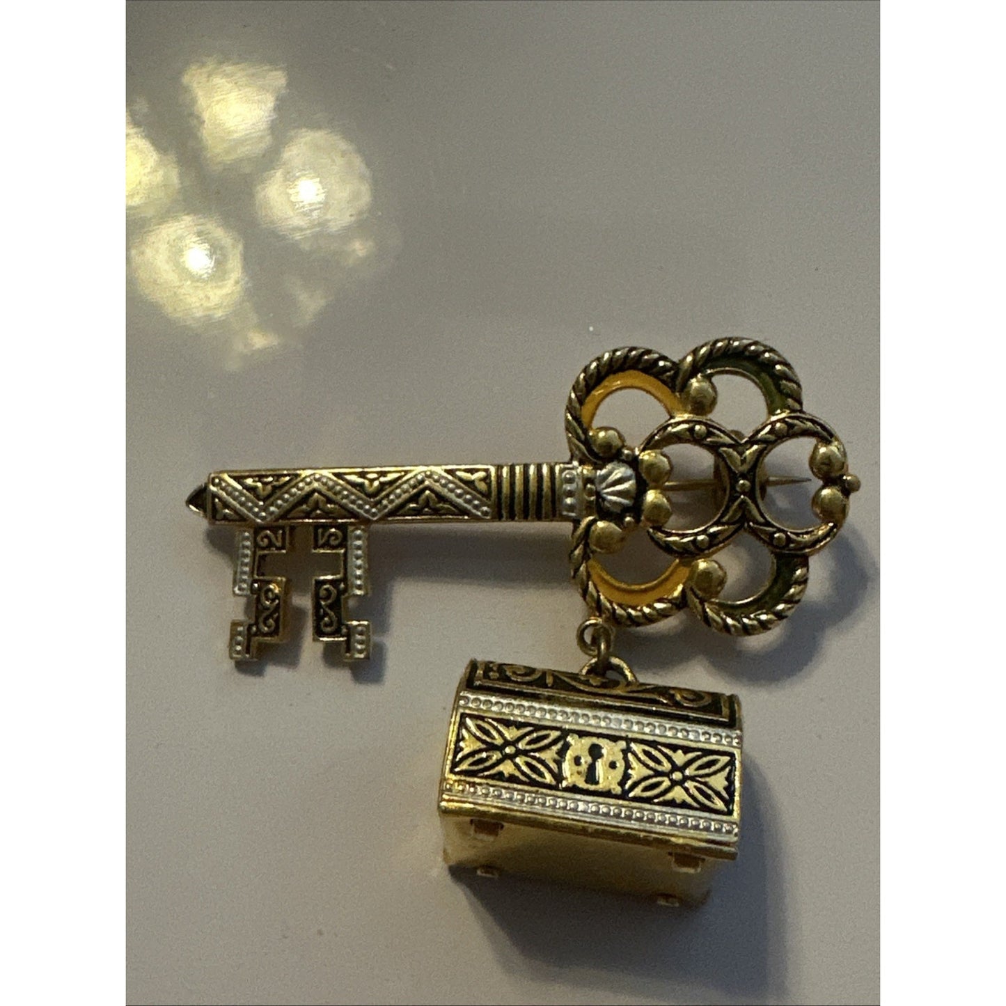 Vintage 2" Damascene Gold Tone Key Treasure Box on Chain Brooch Pin Made Spain