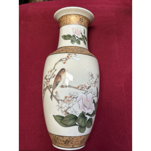 Rare Mid-Century Japan Porcelain Floral Vase Hand painted Birds & Magnolia, 10”H