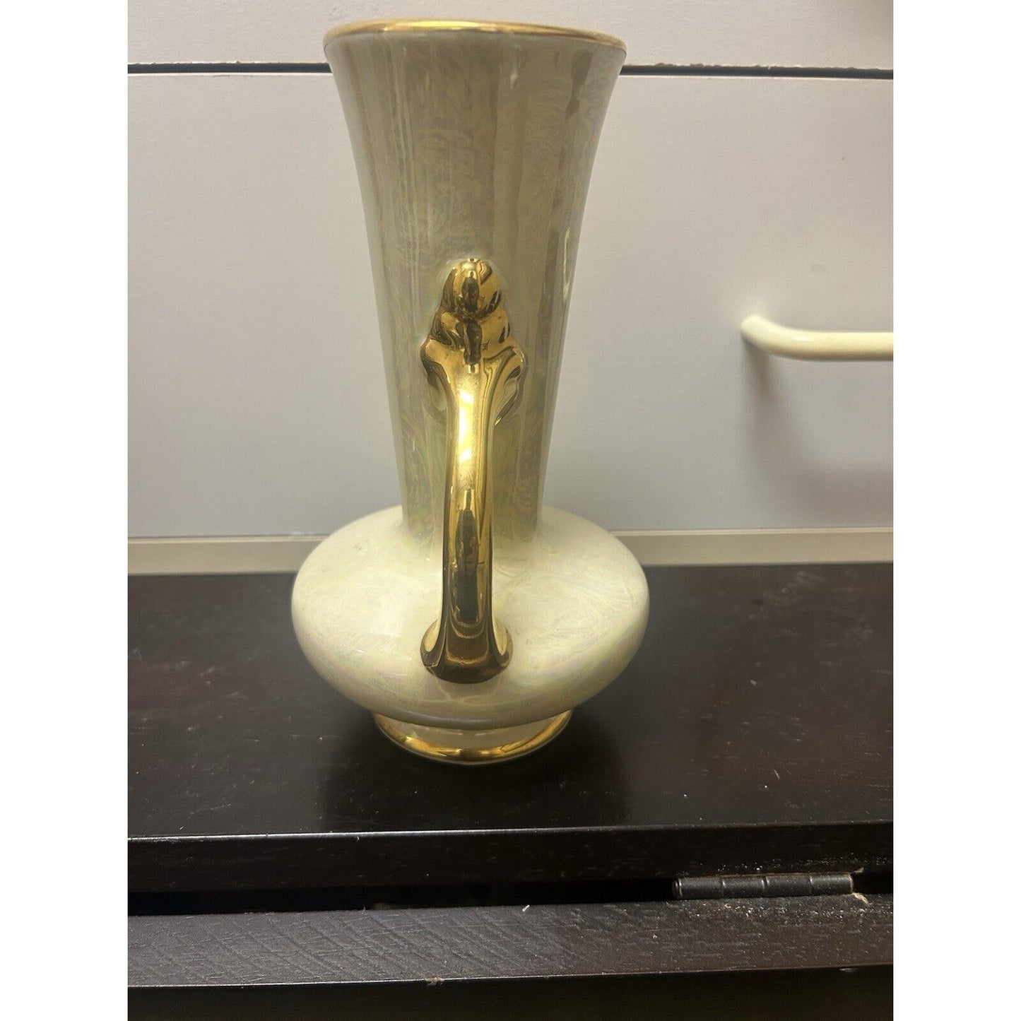 Vintage Lusterware Pearl China 2 Handled Vase 7 3/4" Beautiful 22 kt gold trim