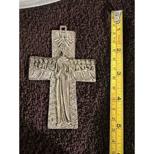 Vintage midcentury pewter cross Jesus Our Lord with his 12 disciples