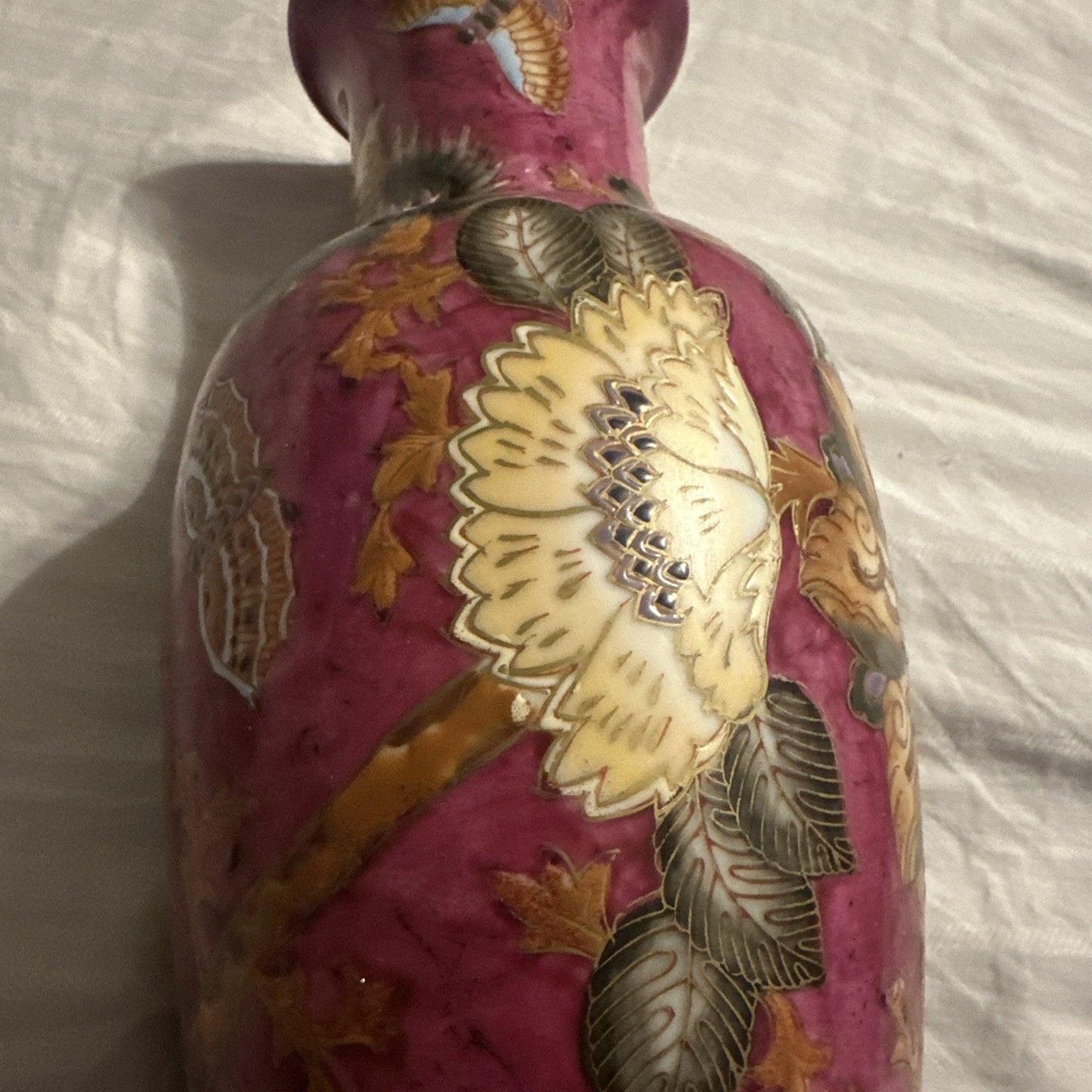 Vintage WBI Chinese Vase Porcelain Floral Design Blue Pink 12” Tall Gold Outline