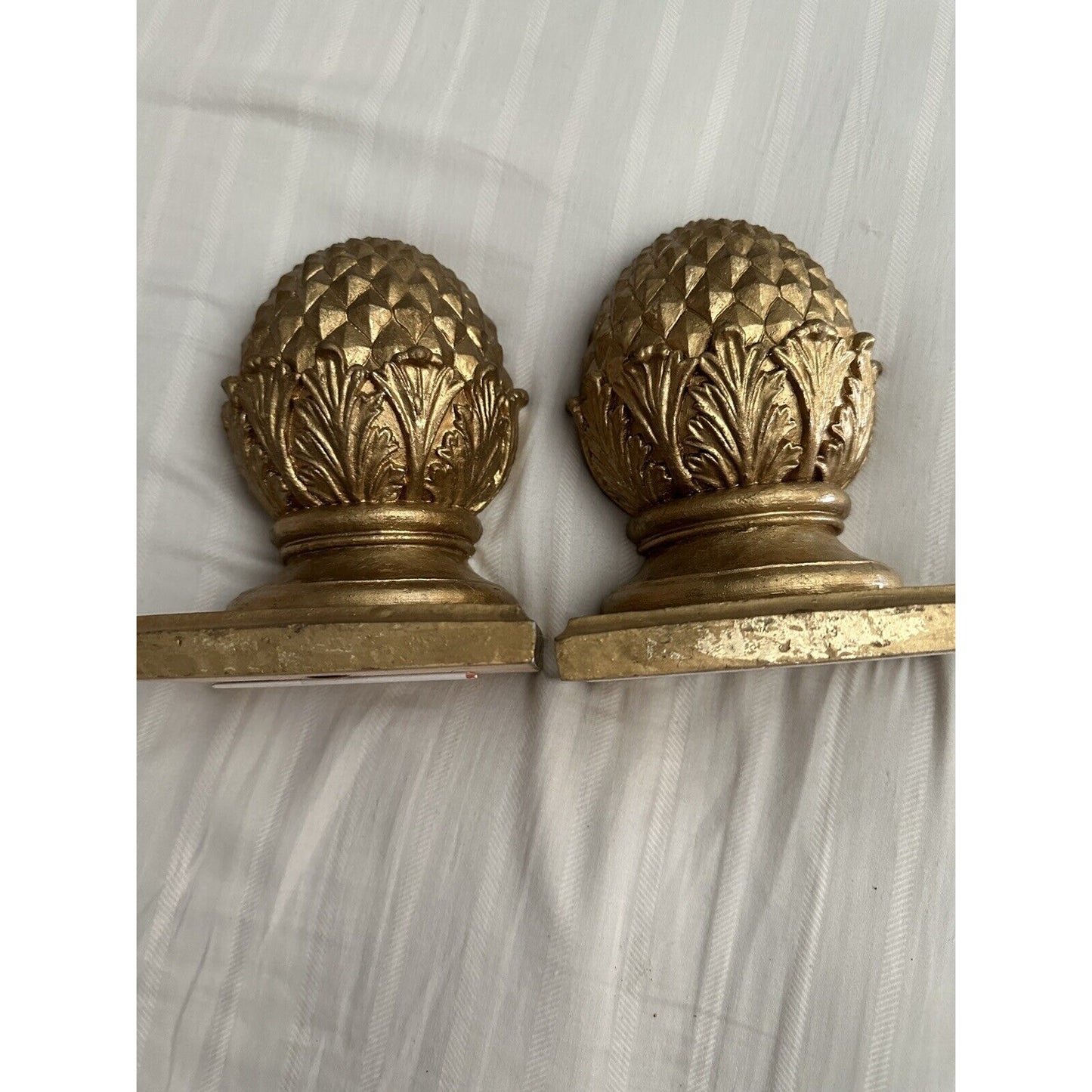 Gold Tone Pinecone Finial Nestled in Acanthus Leaves Bookends
