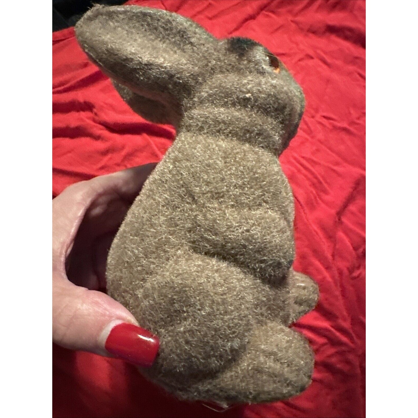 Vtg Flocked Fuzzy Brown Bunny Rabbit Animal Figure Coin Bank Made in Hong Kong