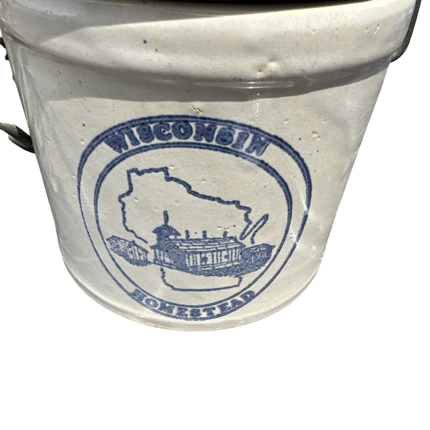 VTG Wisconsin Homestead Lidded Cheese Butter Crock with Bale Wire Close 6in