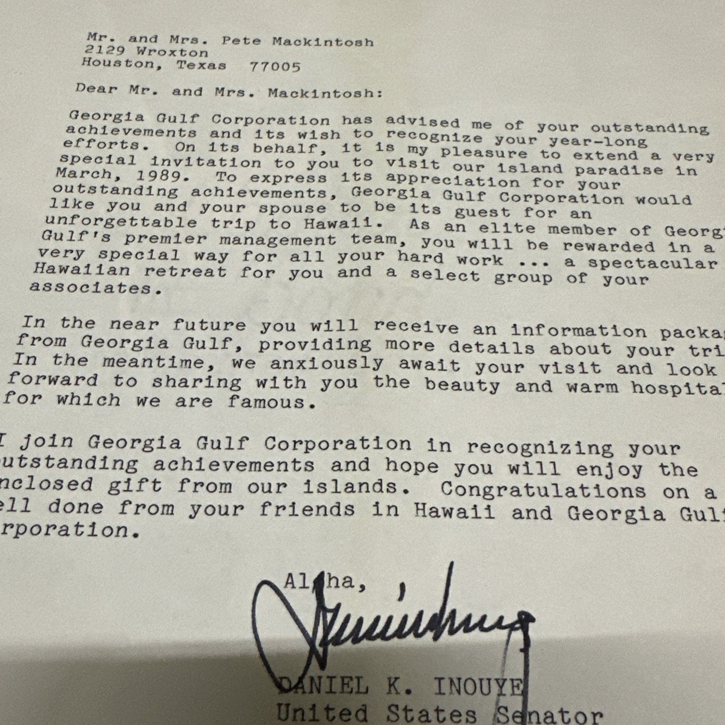 DANIEL K. INOUYE - TYPED LETTER SIGNED 1989