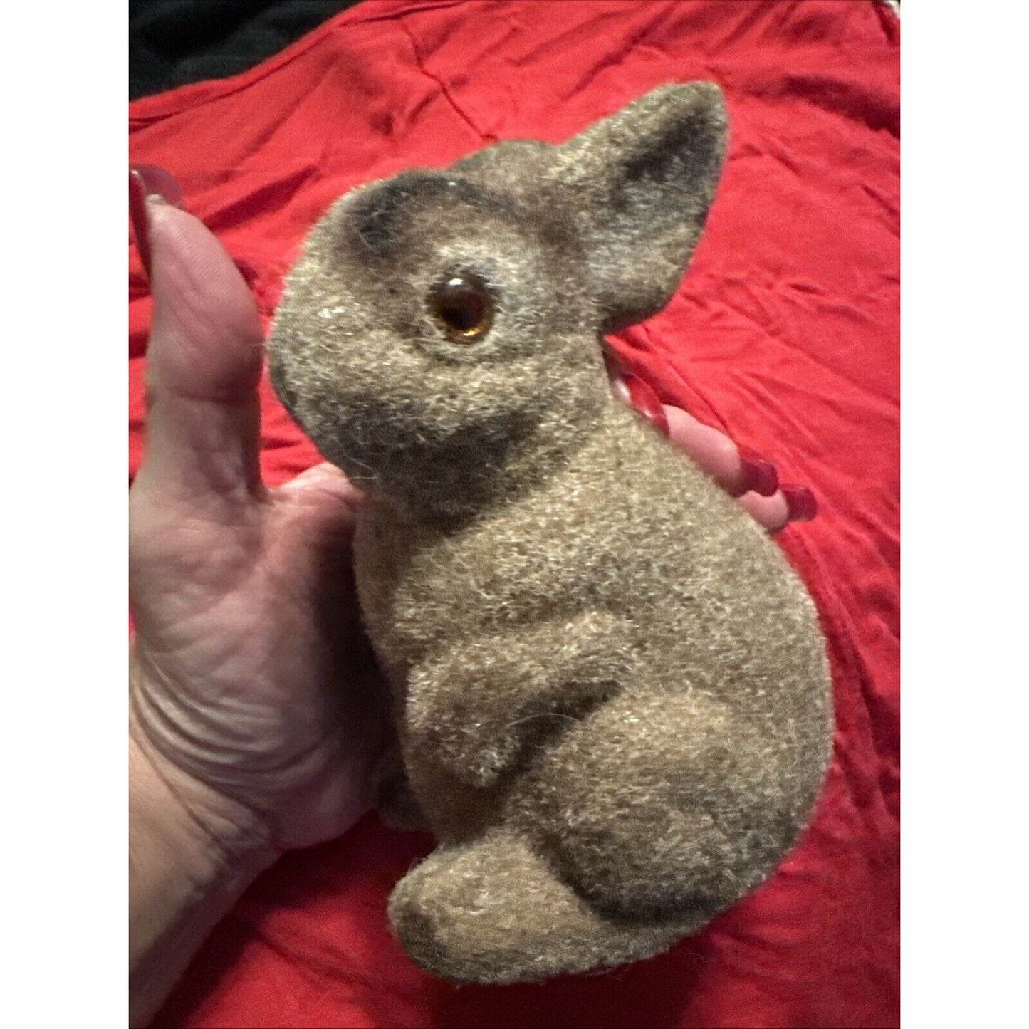 Vtg Flocked Fuzzy Brown Bunny Rabbit Animal Figure Coin Bank Made in Hong Kong
