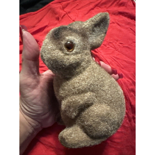 Vtg Flocked Fuzzy Brown Bunny Rabbit Animal Figure Coin Bank Made in Hong Kong