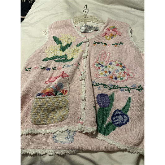Vintage The Eagle’s Eye Spring Easter Cardigan Sweater Vest Women XL