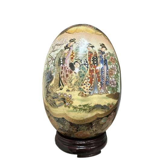 Vintage Chinoiserie Asian Cloisonne’ Ceramic Egg Floral Geisha 8 & Wood Base