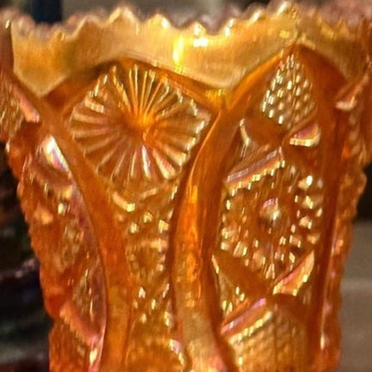 Vintage Imperial Glass Marigold Carnival Toothpick Holder, Sawtooth Rim, Hobstar
