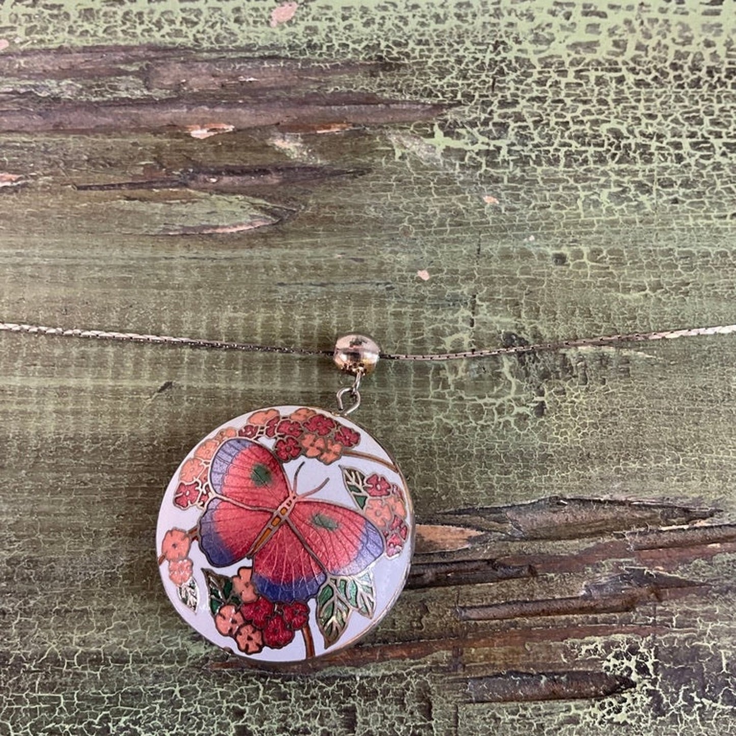 Vintage cloisonne butterfly pendant necklace