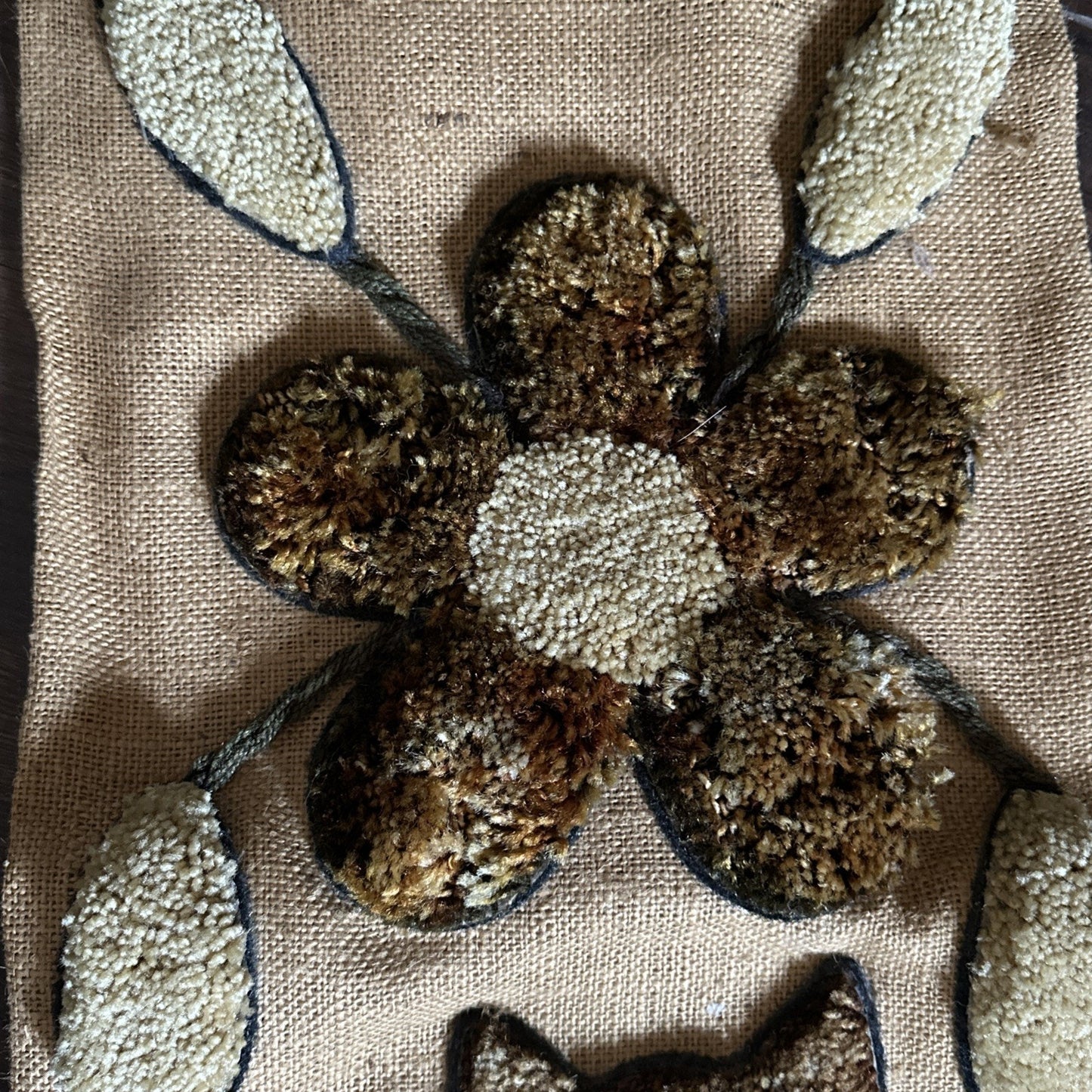 Vintage 1970’s Latch Hook Shag On Burlap With Owl And Flowers Wear With Age