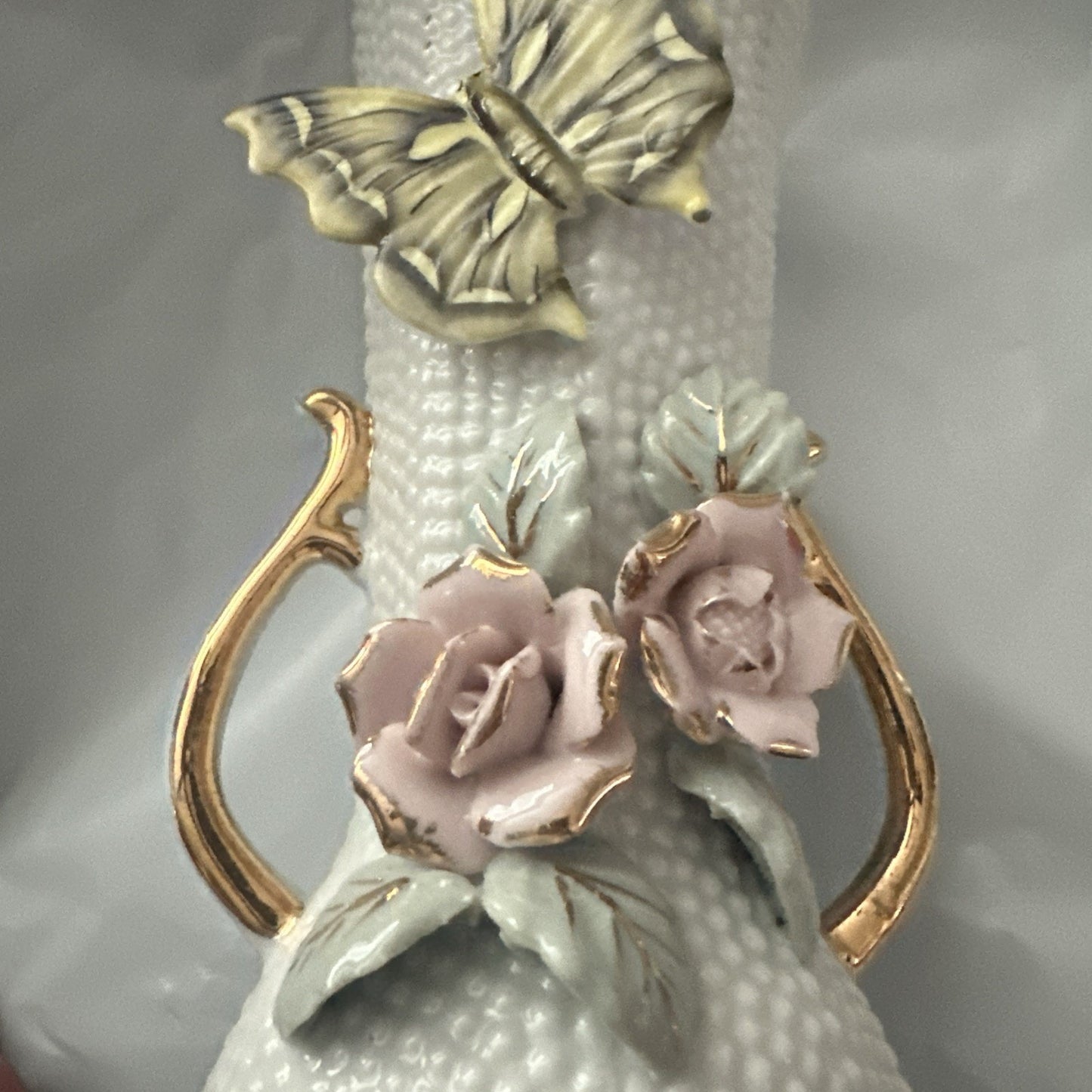 Vintage Double Handled Hobnail Porcelain Bud Vase W/ Gold Trim & Applied Flowers