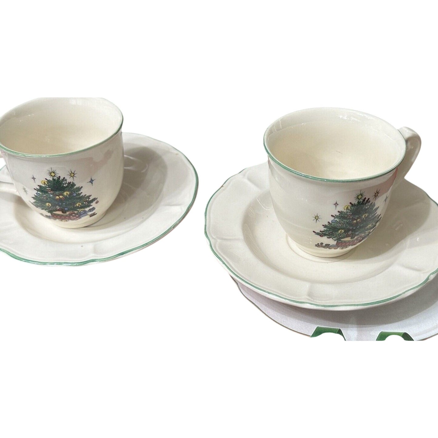 Happy Holidays Tea Cup and Saucer Christmas Tree Nikko White Japan Set of 2