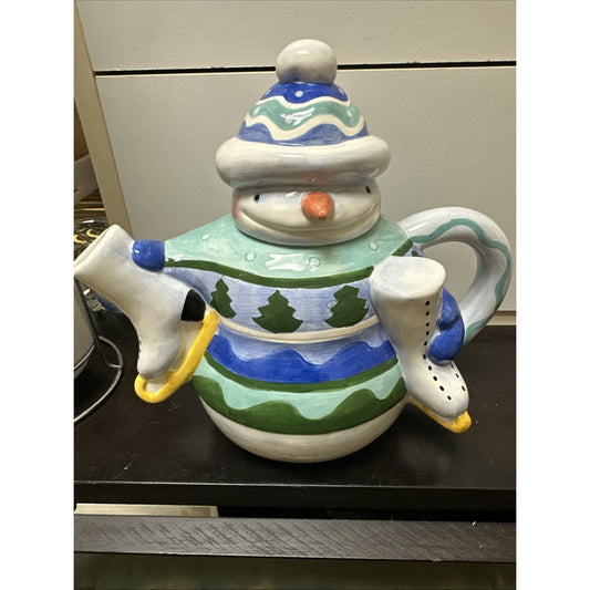 Vtg 1995 Boston Warehouse Trading Corp. Snowman Christmas Tea Pot WITH LID