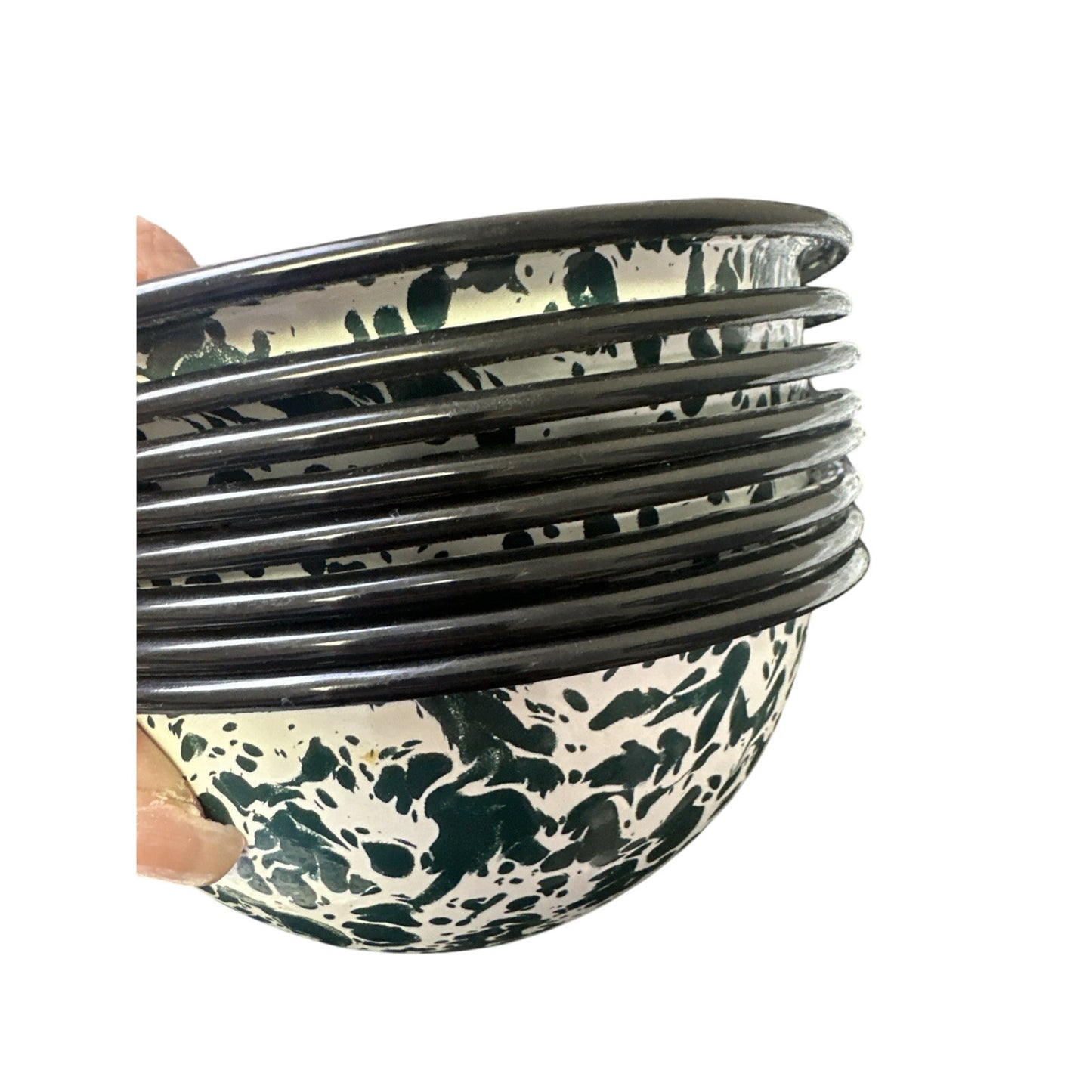 32 CGS International Fine Enamel ware Green & White Splatter Plates Bowls Cups