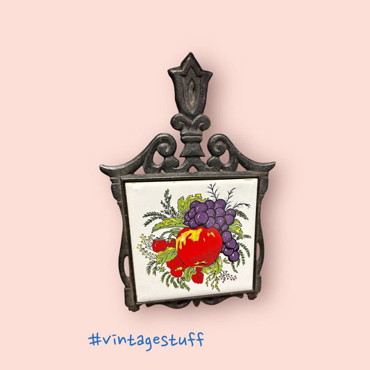 Vintage Seven Star Cast Iron Footed Tile Trivet Apple Grapes Strawberry Design