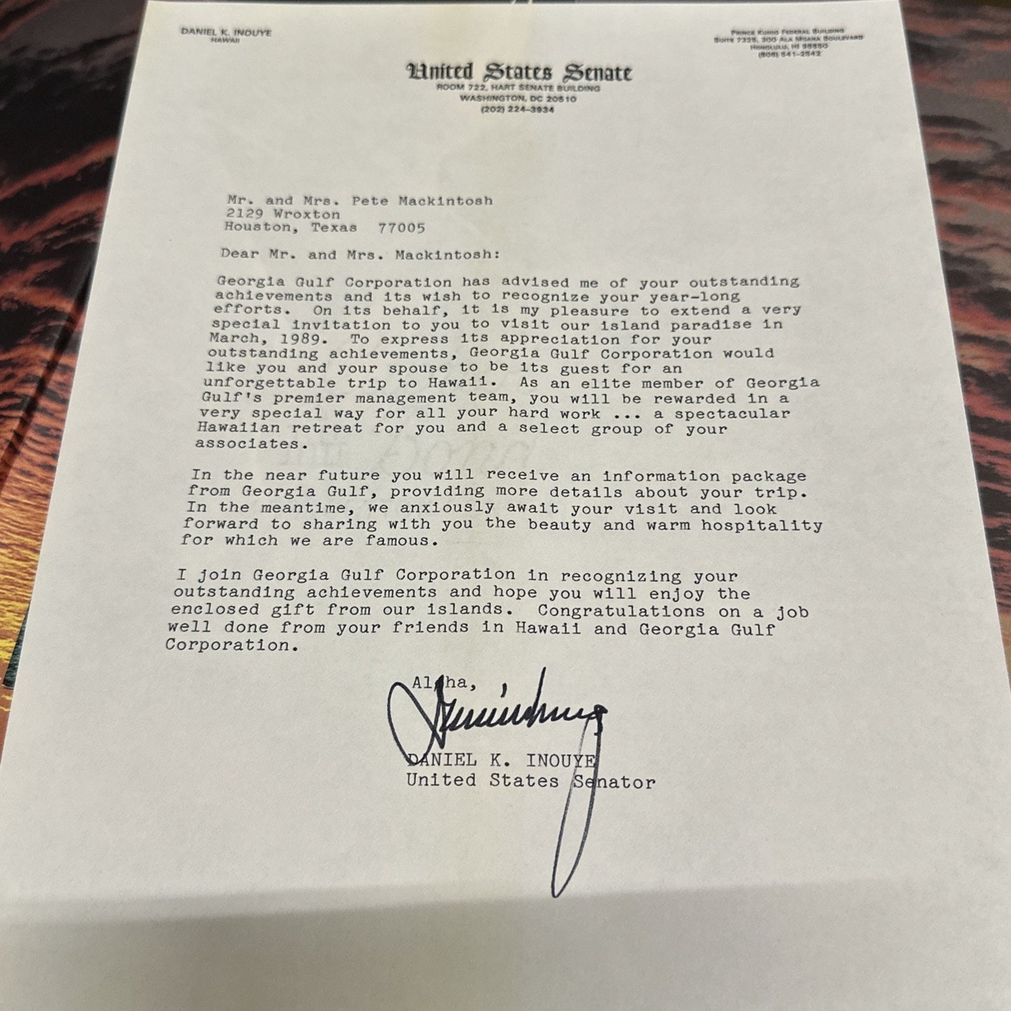DANIEL K. INOUYE - TYPED LETTER SIGNED 1989