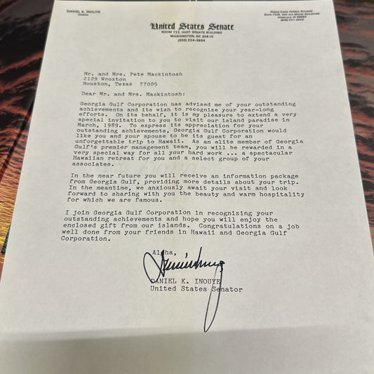 DANIEL K. INOUYE - TYPED LETTER SIGNED 1989