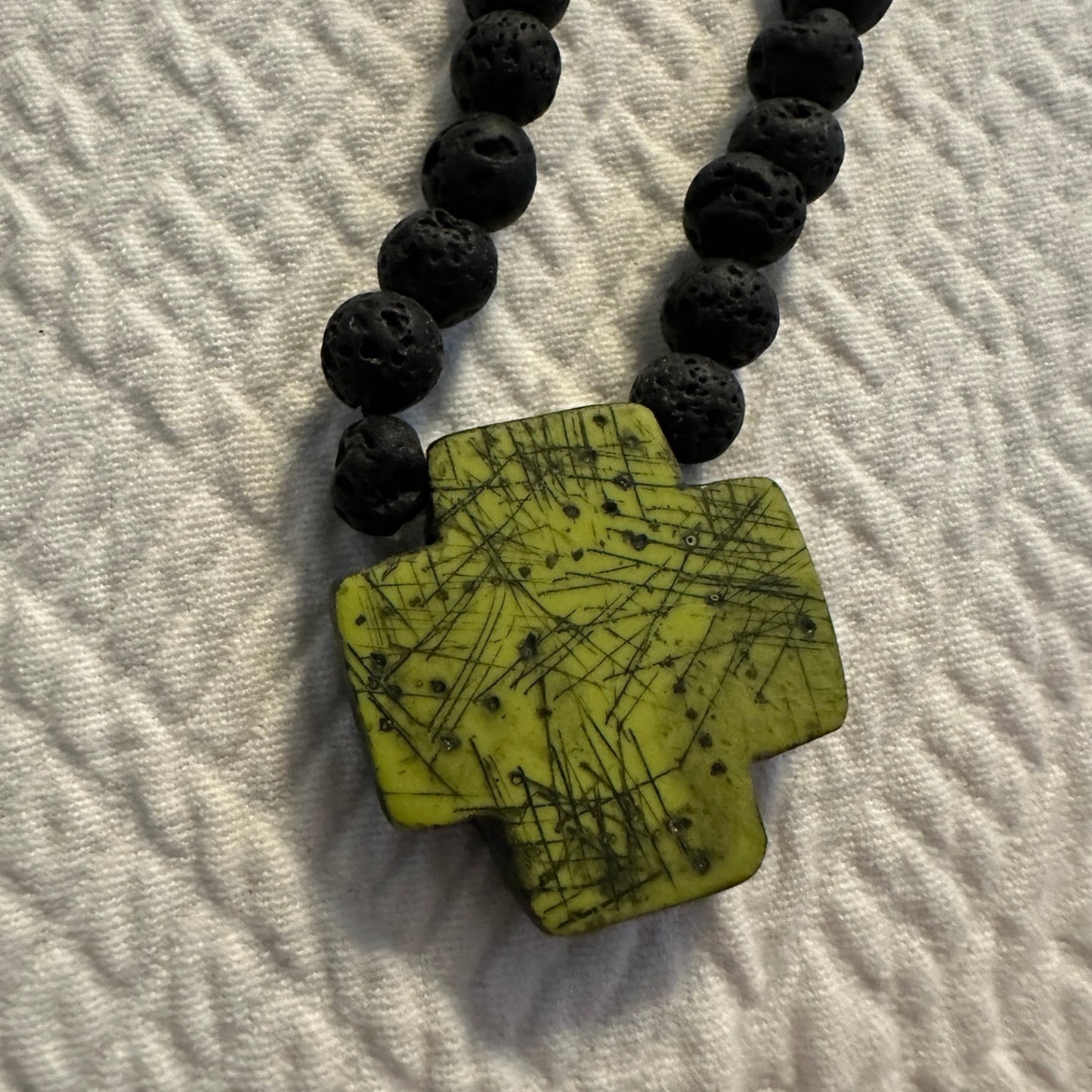 Beautiful rare Lava Bead necklace with green cross
