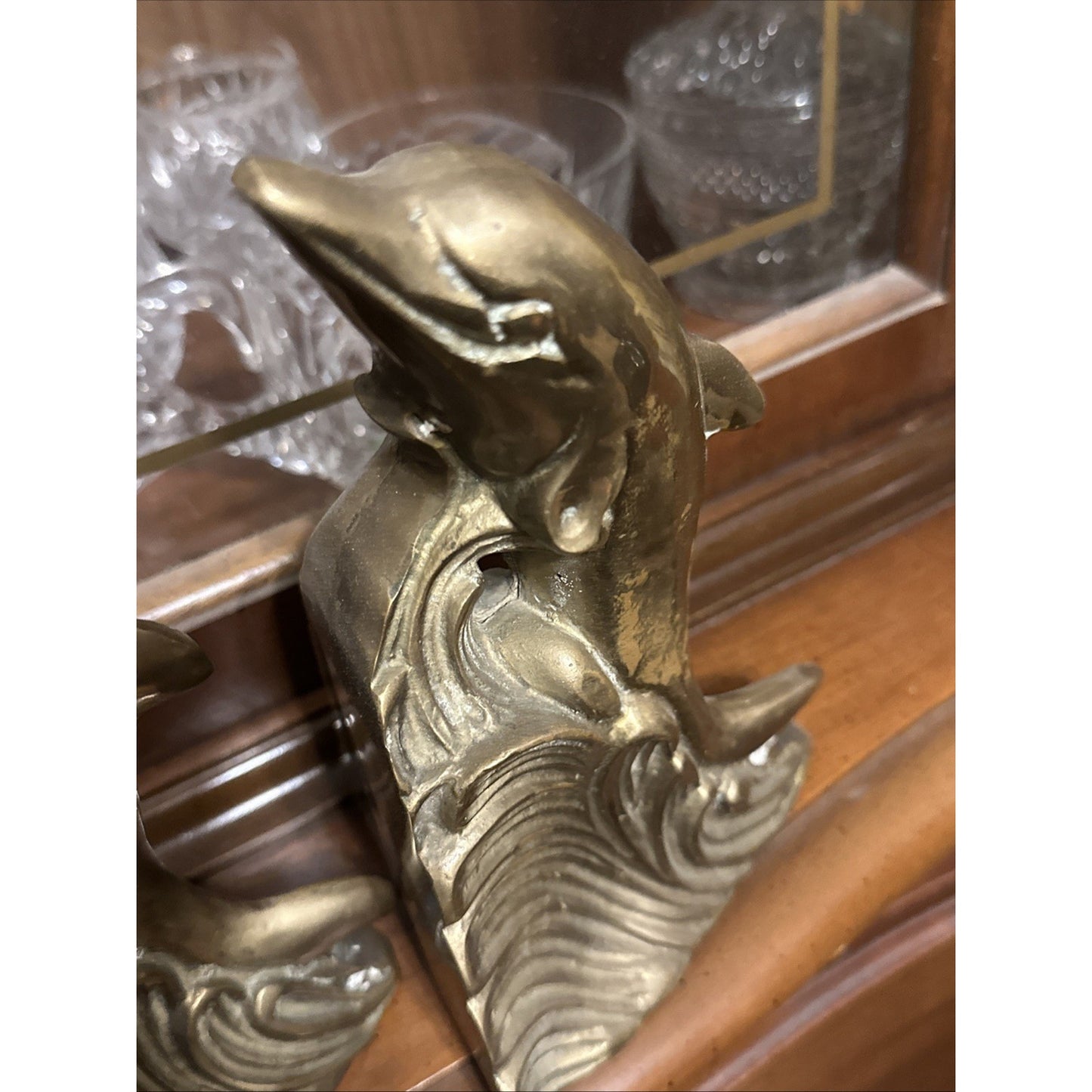 Vintage 70s Brass Dolphin on Wave Bookends Doorstop Beachy Coastal Nautical Sea