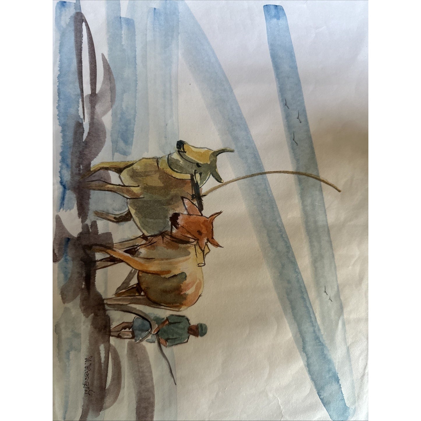 Original Watercolor Painting - Water Buffalo/Farmer- Signed unable to read artist