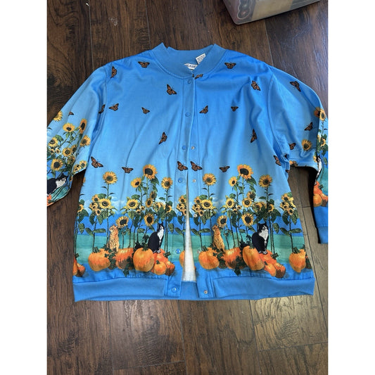 Vintage Blair Fall Crazy for Pumpkins & Cats Button Snap Sweater Size 2XL