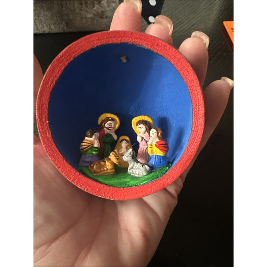 Figural Nativity Scene Gourd Christmas Ornament Hand Painted Folk Art Holiday