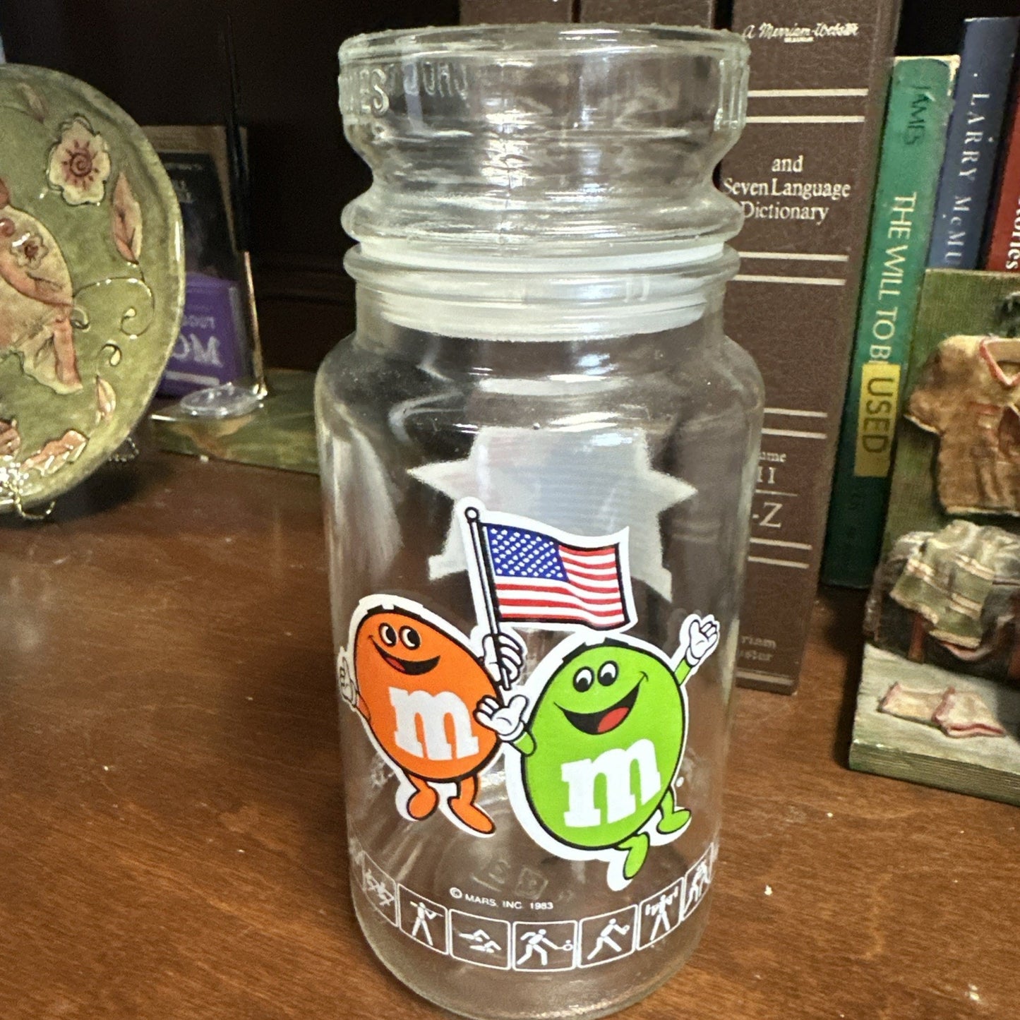 Vintage M&M 1984 LA Olympics Commemorative Glass Candy Jar With Lid Stopper