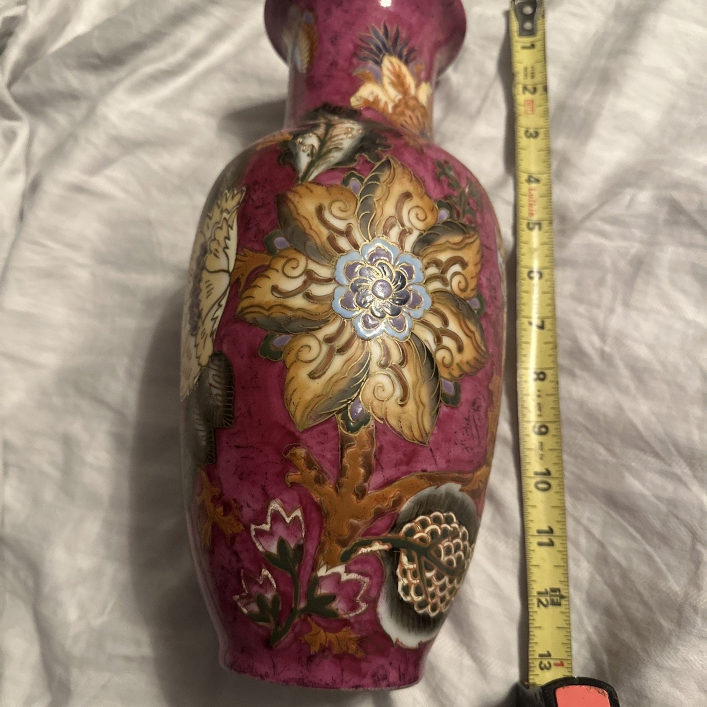 Vintage WBI Chinese Vase Porcelain Floral Design Blue Pink 12” Tall Gold Outline