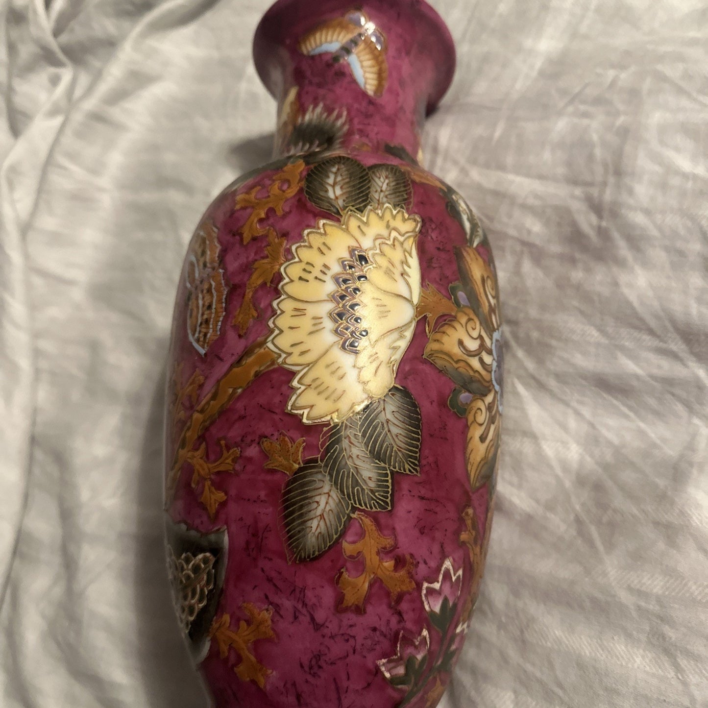 Vintage WBI Chinese Vase Porcelain Floral Design Blue Pink 12” Tall Gold Outline