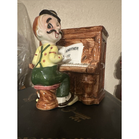 VTG Kitschy Piano Man Planter Vase #6378 Ceramic 1920s Bowler Hat Bar Japan MCM