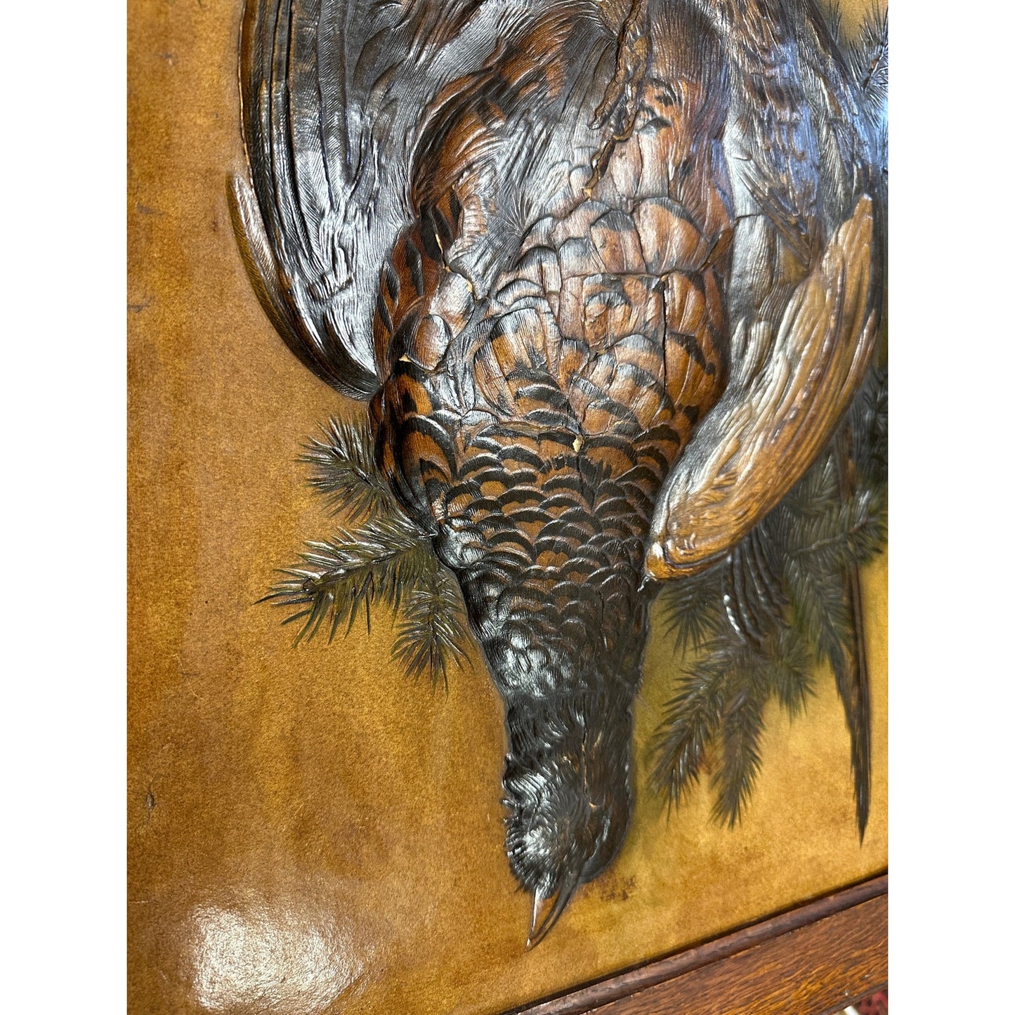 Antique 19thc Hunting trophy partridge bird pheasant relief hand paint panel