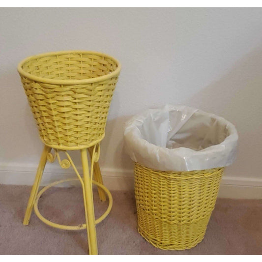Vintage Shabby Chic Yellow Wicker Plant Stand 23" and Trash Basket