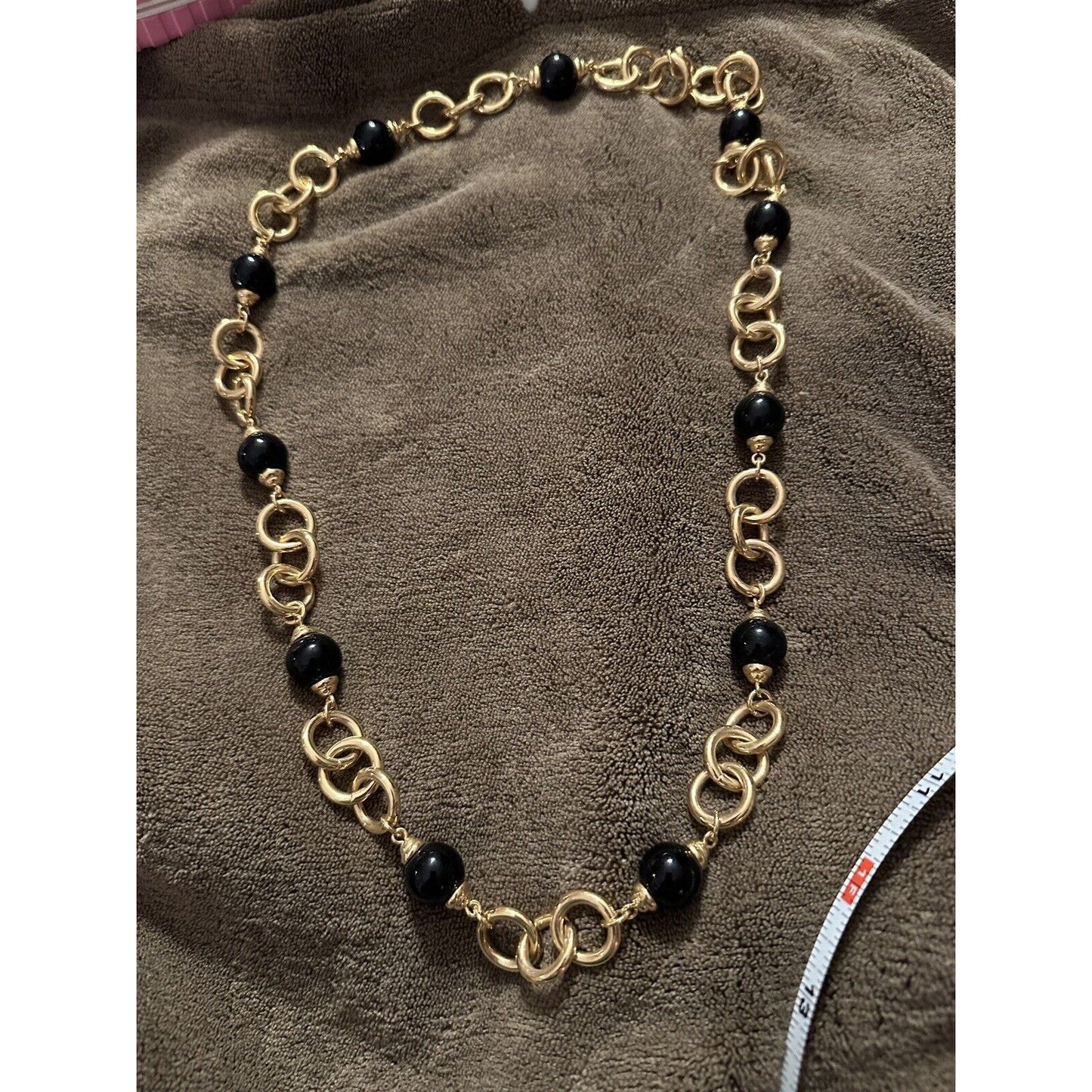 Vintage Monet Black Beaded Necklace Gold Tone Glass Signed Elegant Statement