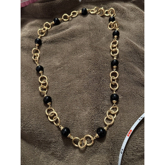 Vintage Monet Black Beaded Necklace Gold Tone Glass Signed Elegant Statement